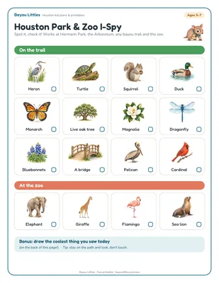 Preview of the Houston park and zoo scavenger hunt printable